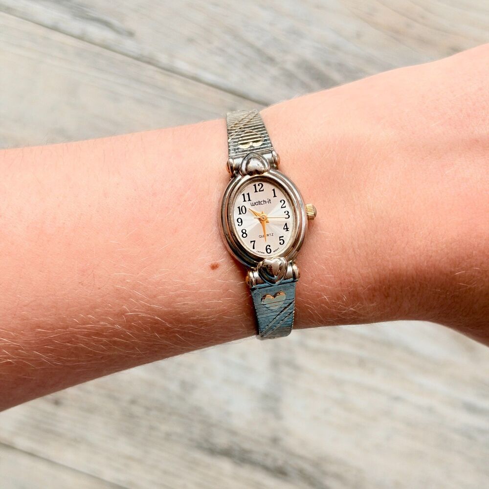 Vintage Petite Silver Tone Heart Bracelet Watch Quartz Oval Face Missing Crystal